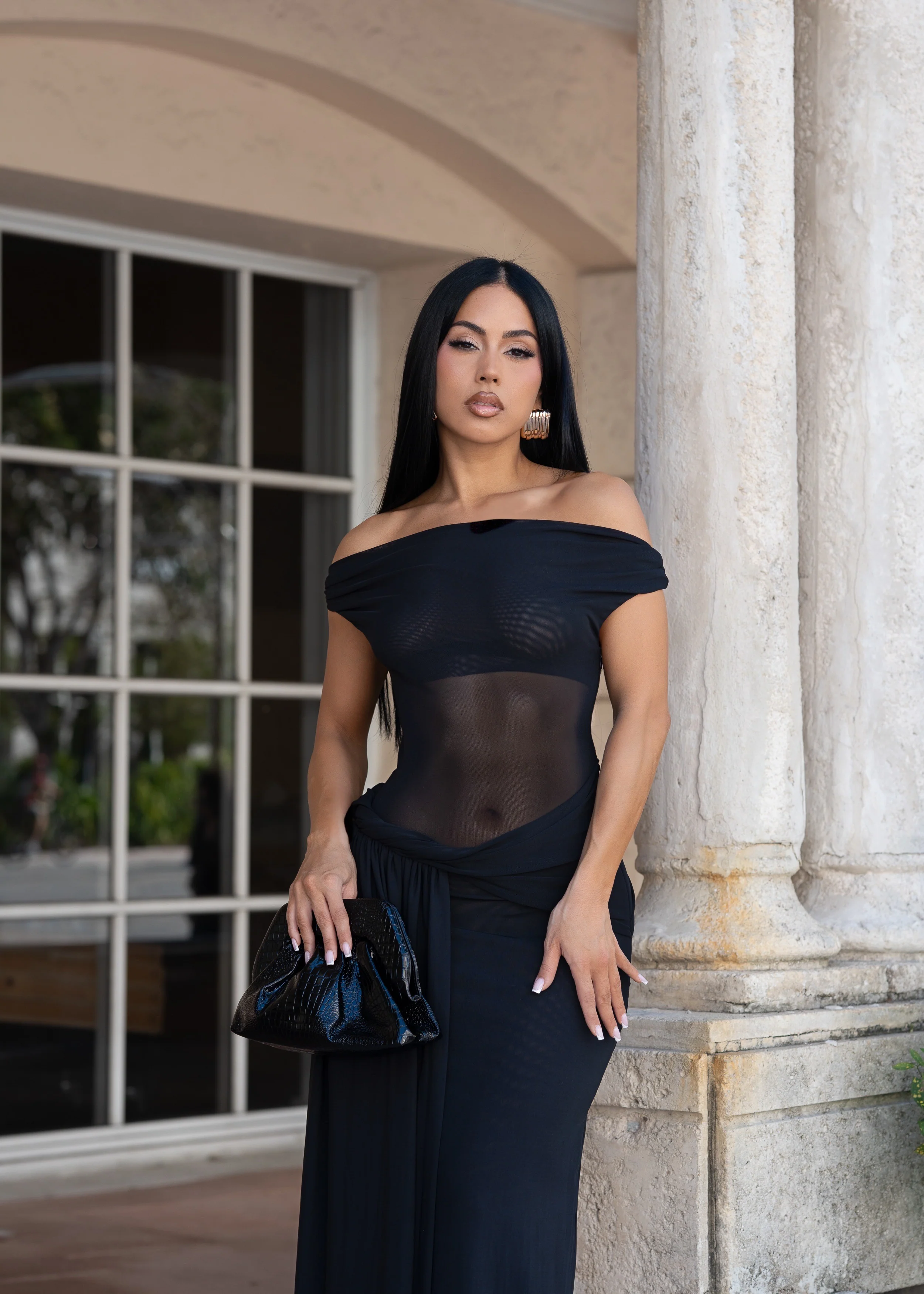 After Dusk Gown Mesh Ruched Maxi Dress Black - Image 2