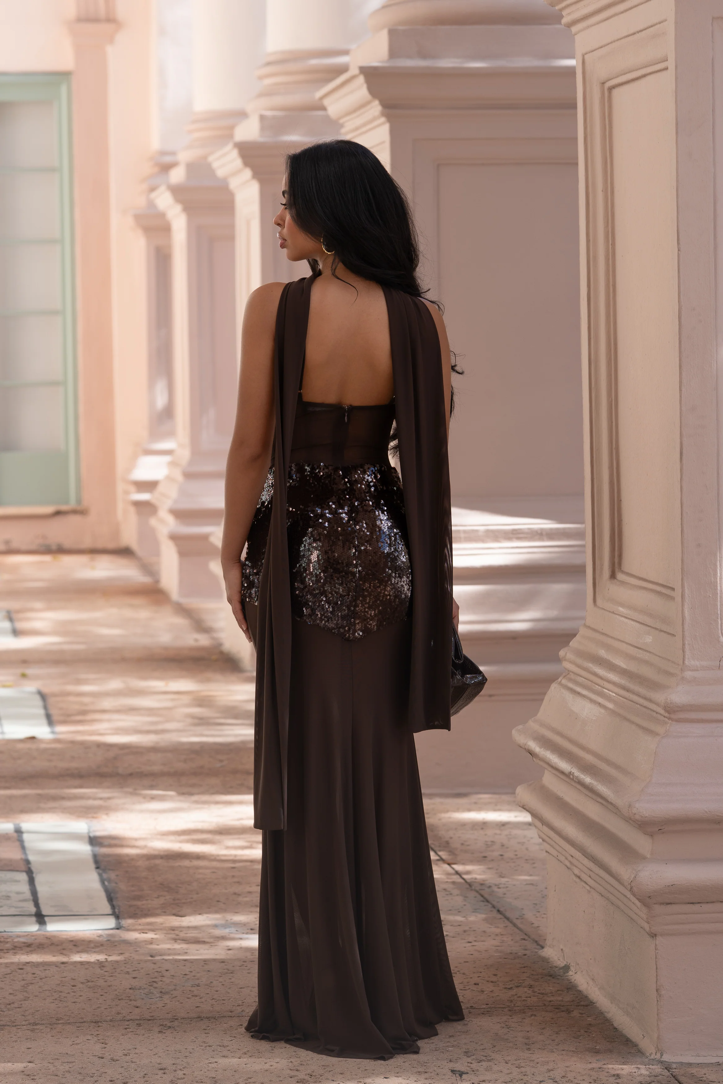 Allure Veil Sequin Mesh Maxi Dress Brown - Image 3