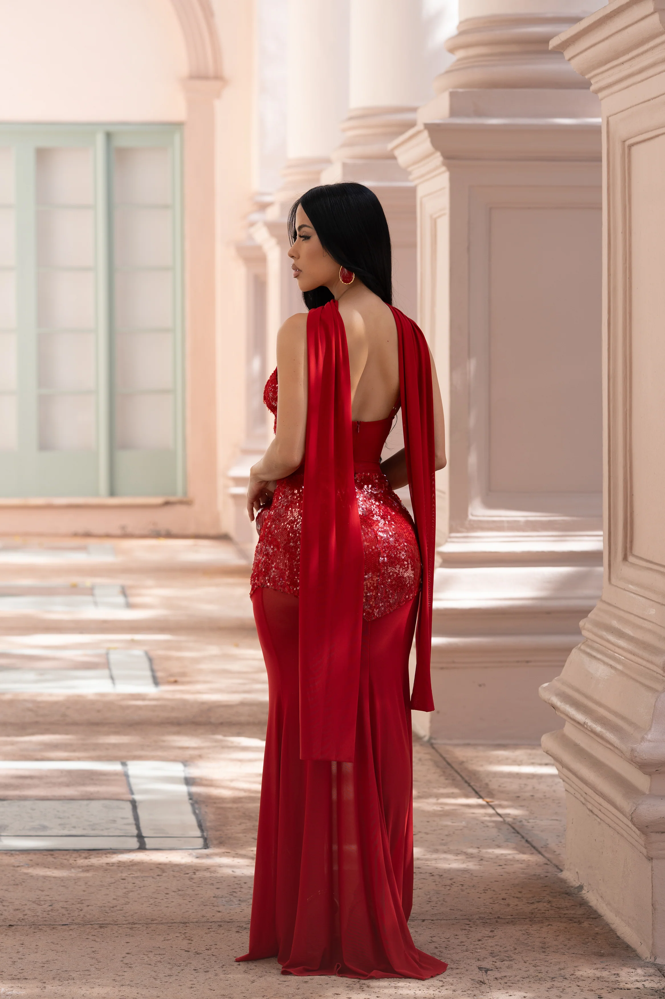 Allure Veil Sequin Mesh Maxi Dress Red - Image 3