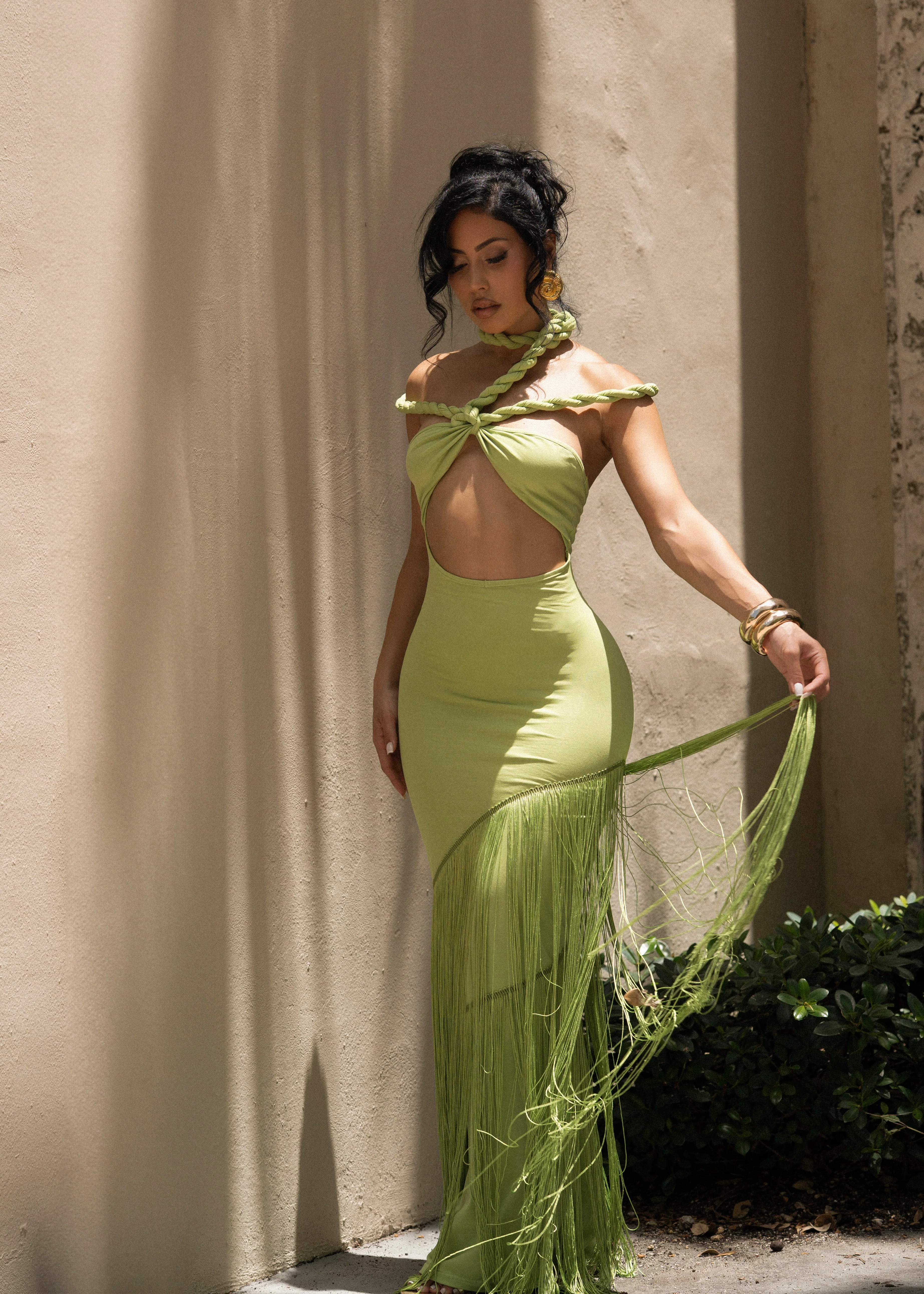 Coastal Rhythm Fringe Maxi Dress Green - Image 6