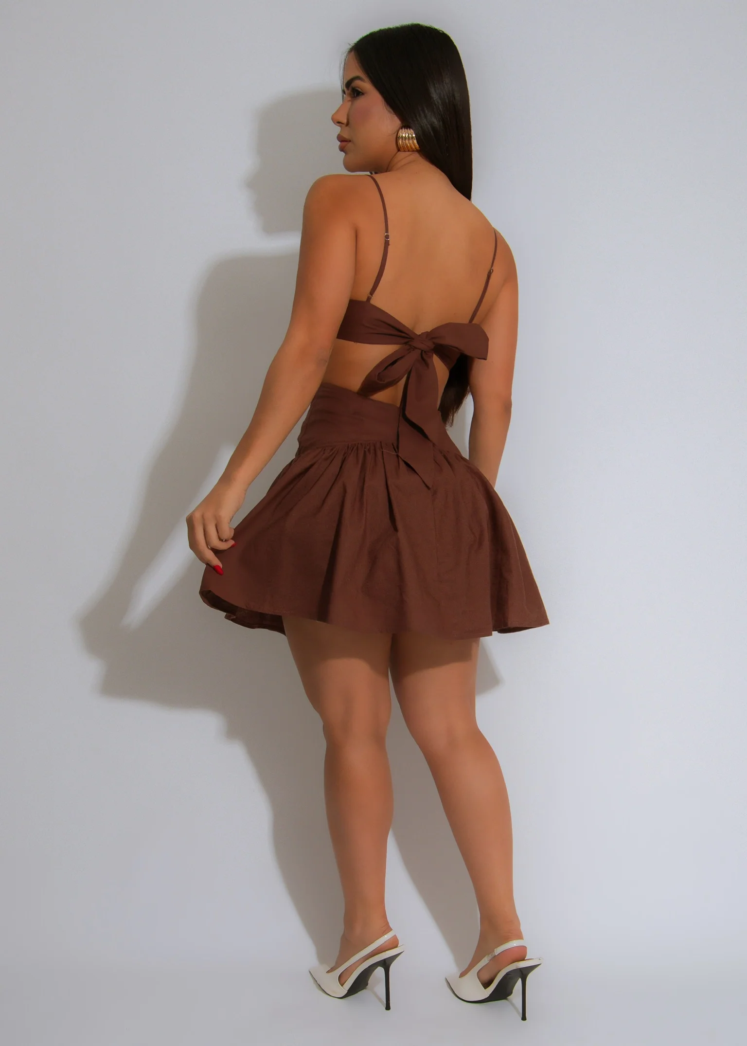 Espresso Elegance Linen Mini Dress Brown - Image 2