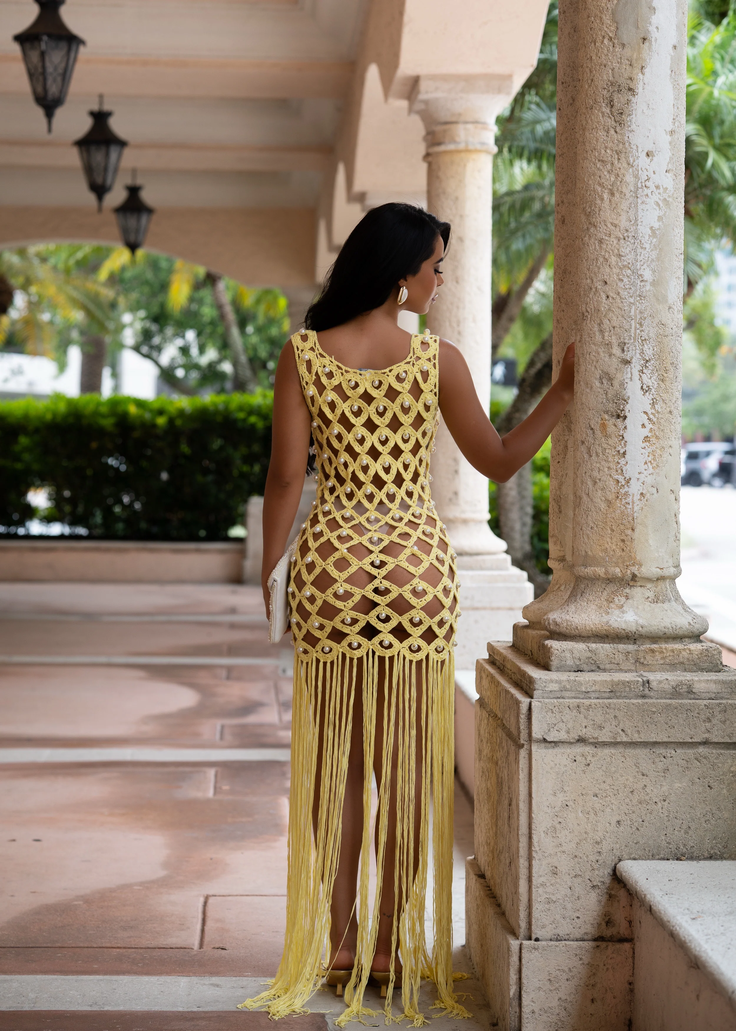 Indecent Royalty Pearls Crochet Maxi Dress Yellow - Image 5