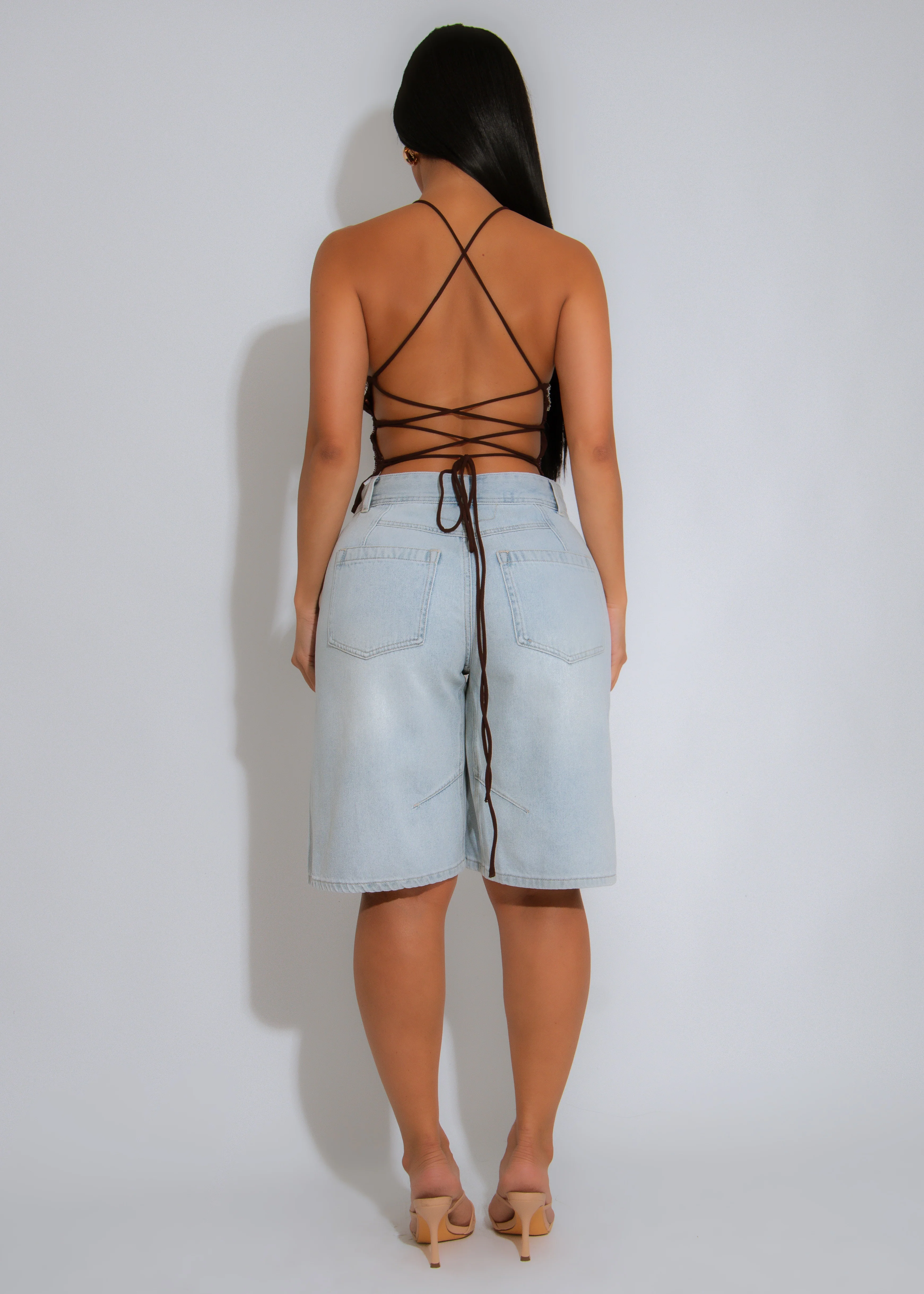 Moonlit Bloom Floral Sequin Crop Top Brown - Image 3