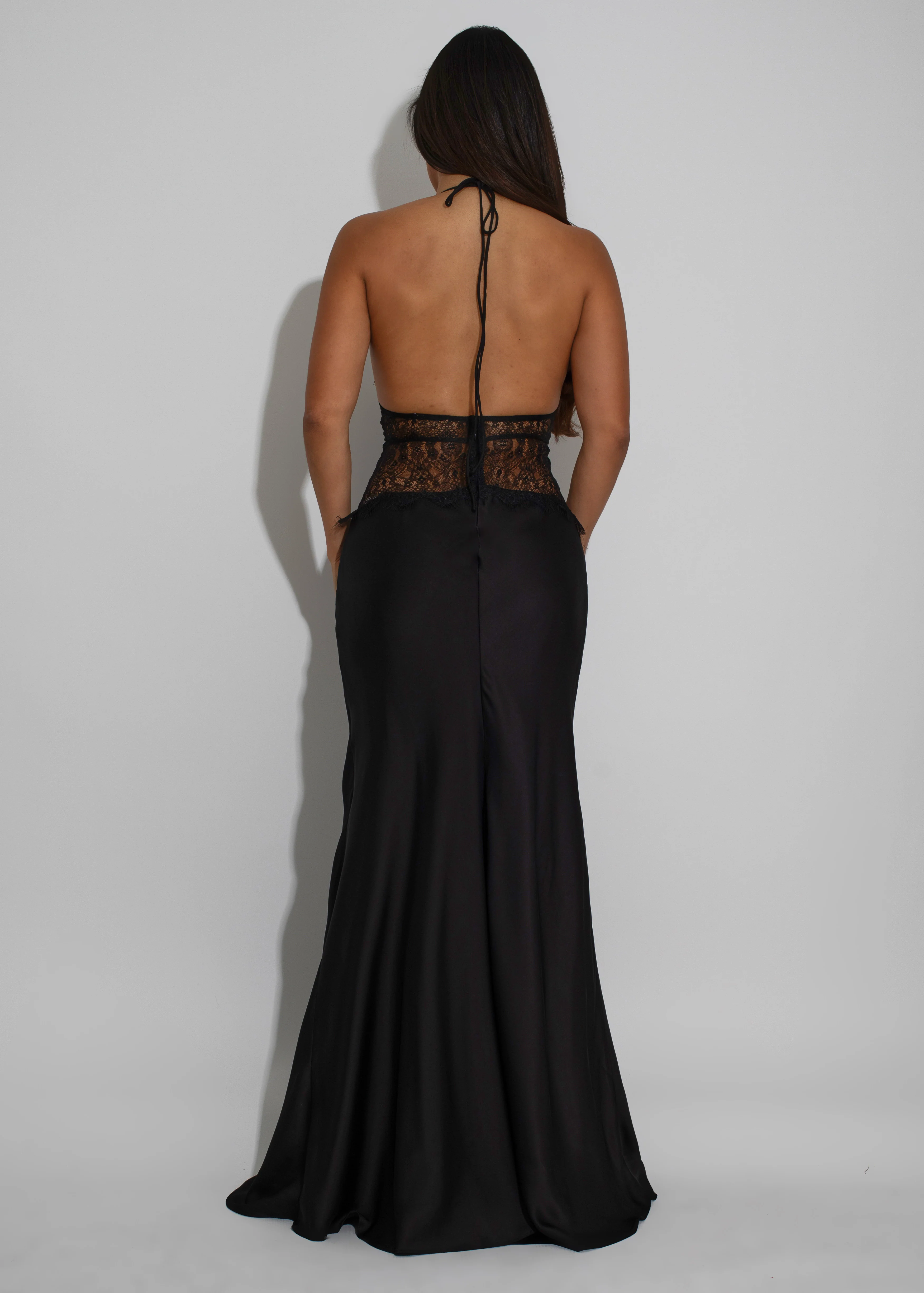 Moonlit Desire Satin Lace Maxi Dress Black - Image 2