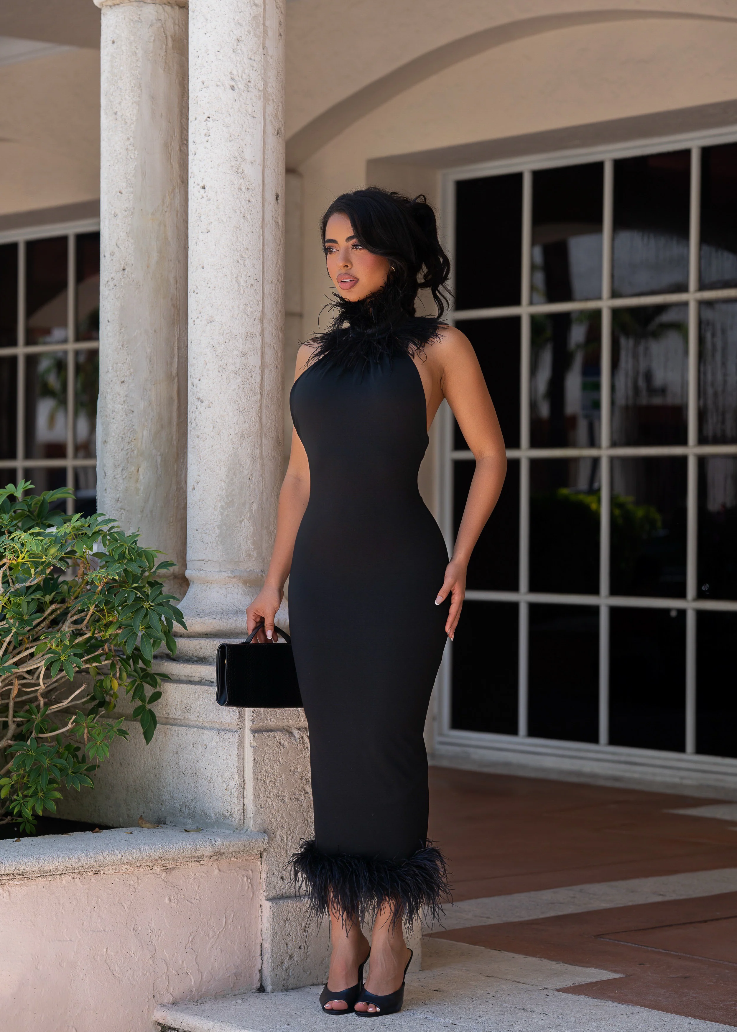 Private Desire Feather Trim Midi Dress Black
