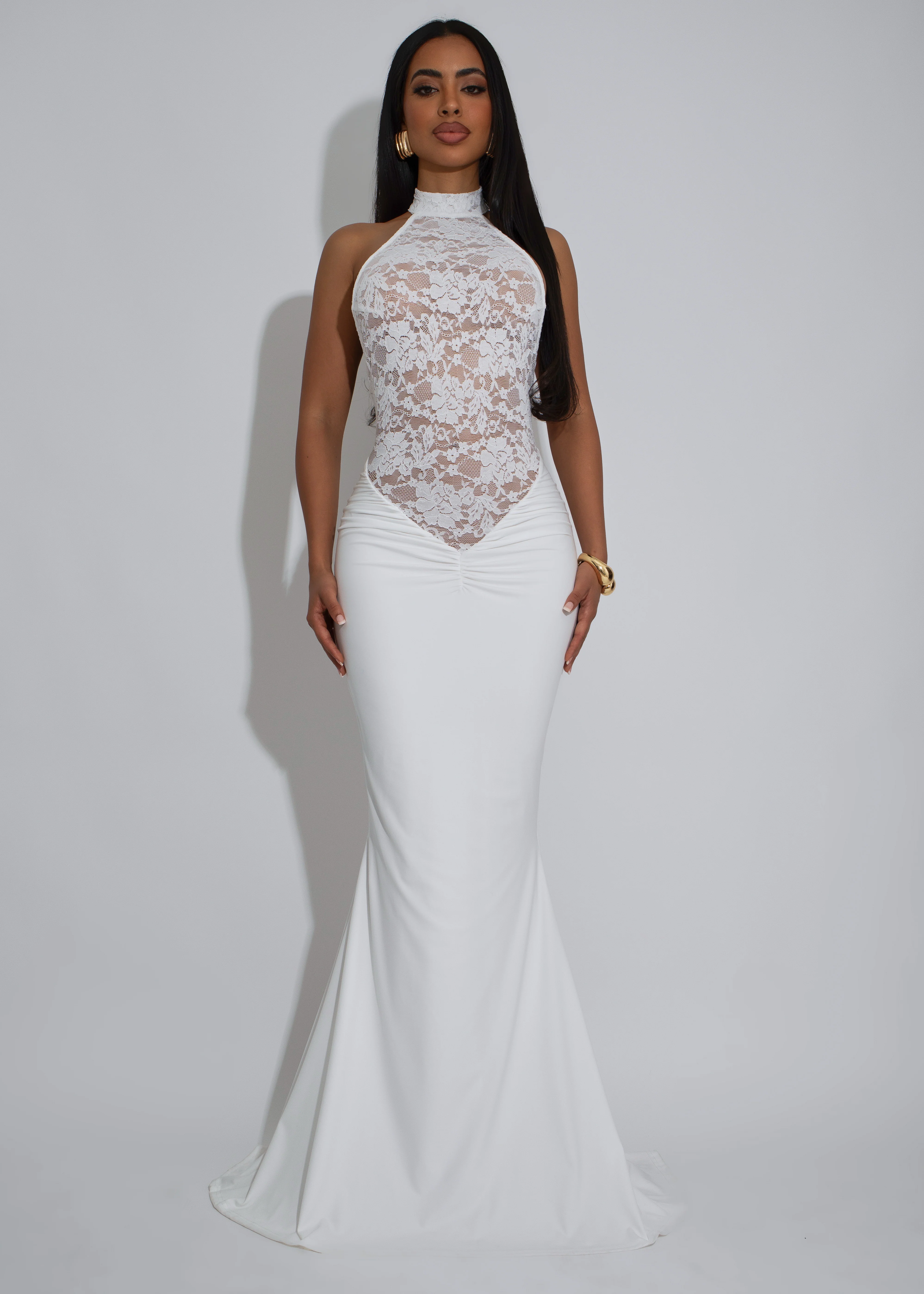 Ritual Allure Lace Ruched Maxi Dress White - Image 3