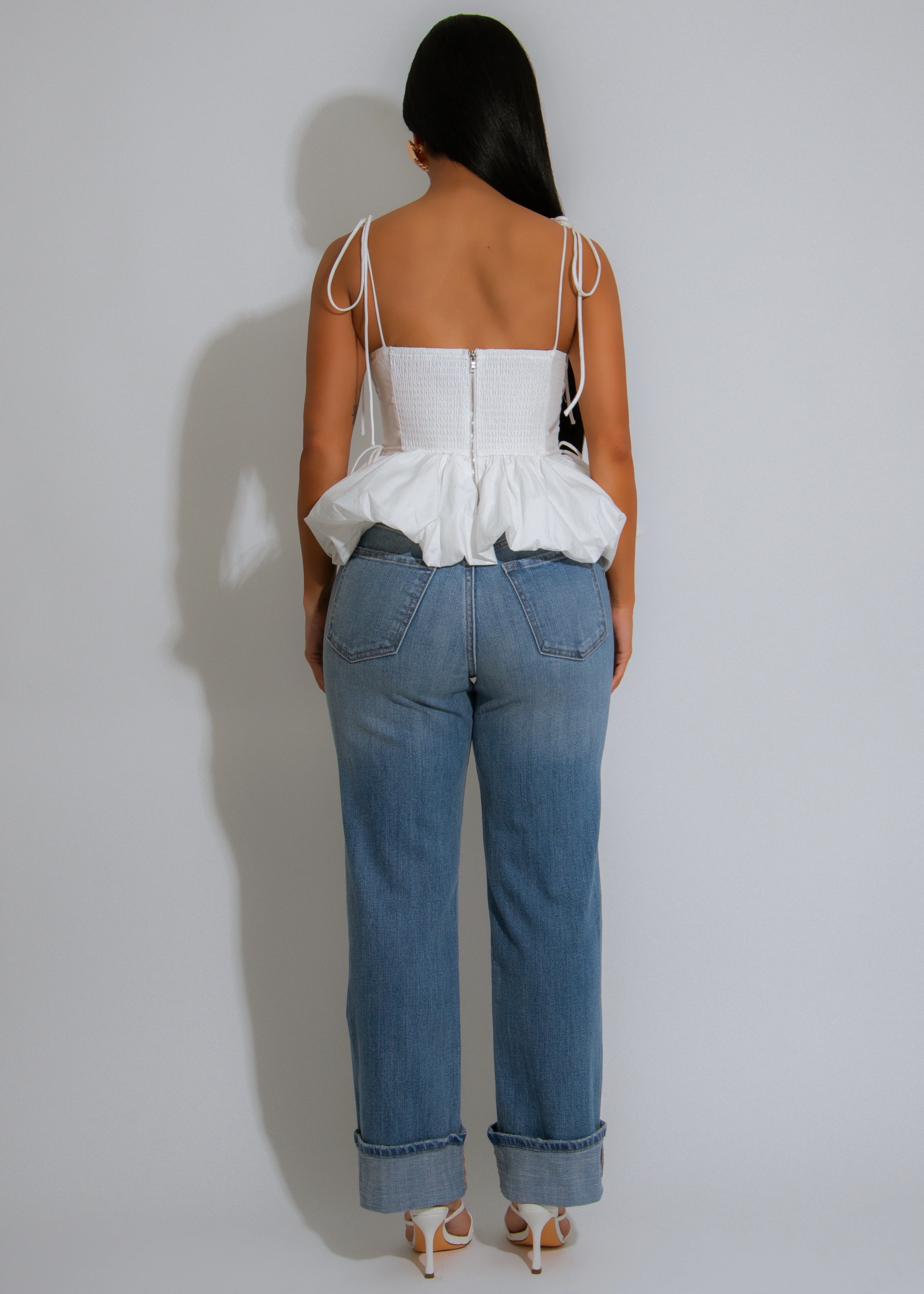 Ruffle Bloom Ruched Long Top White - Image 3
