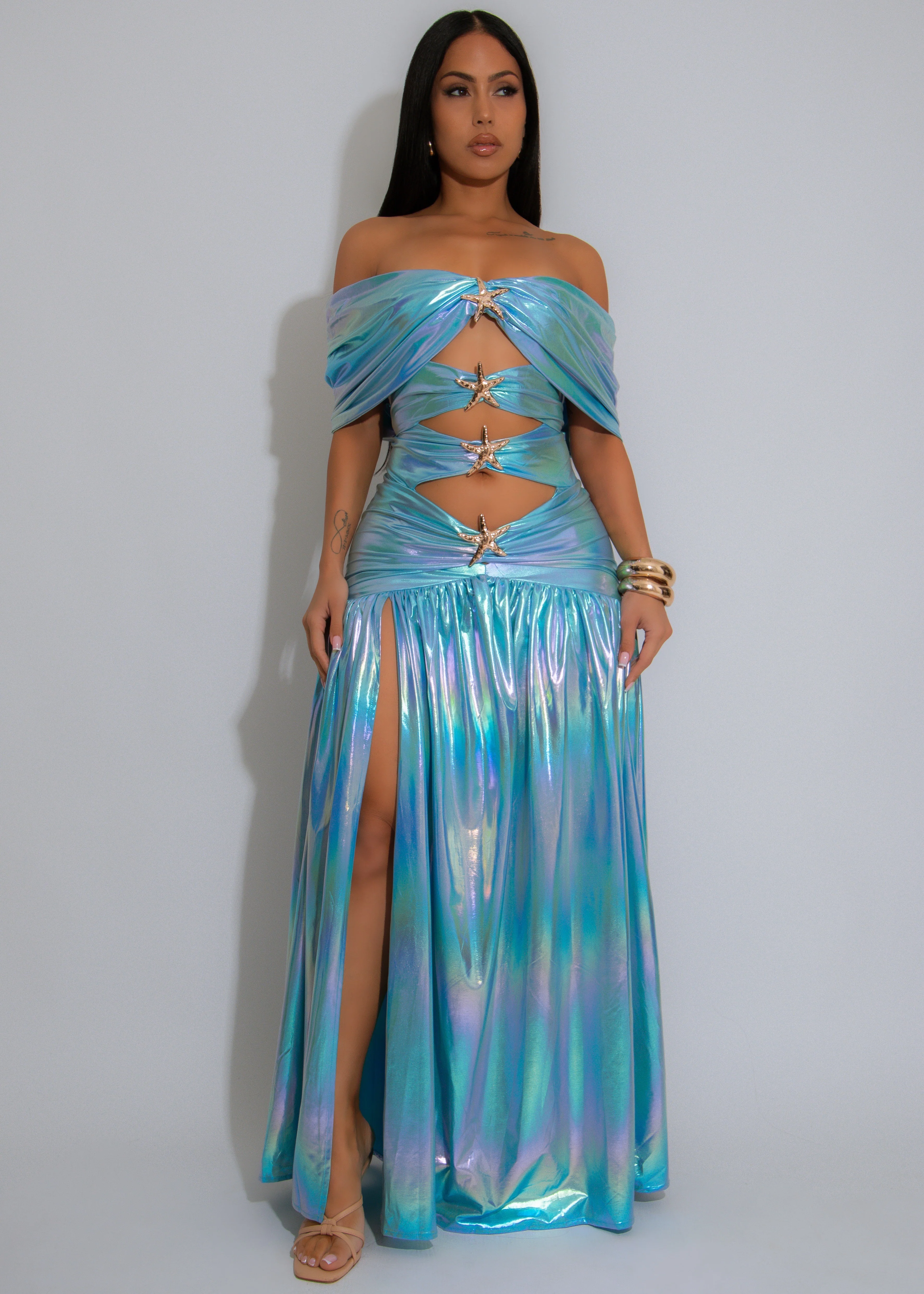 Ocean Spell Ruched Maxi Dress Blue - Image 4
