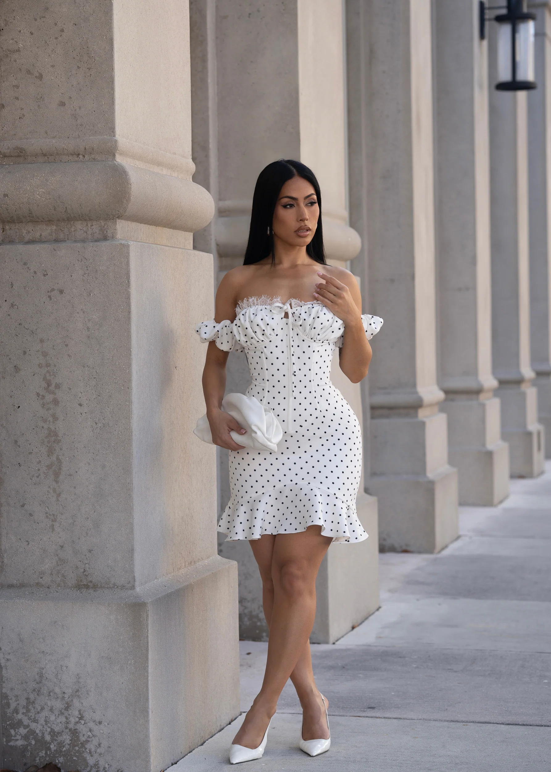 Sweet Parisian Polka Dot Ruched Mini Dress White - Image 2