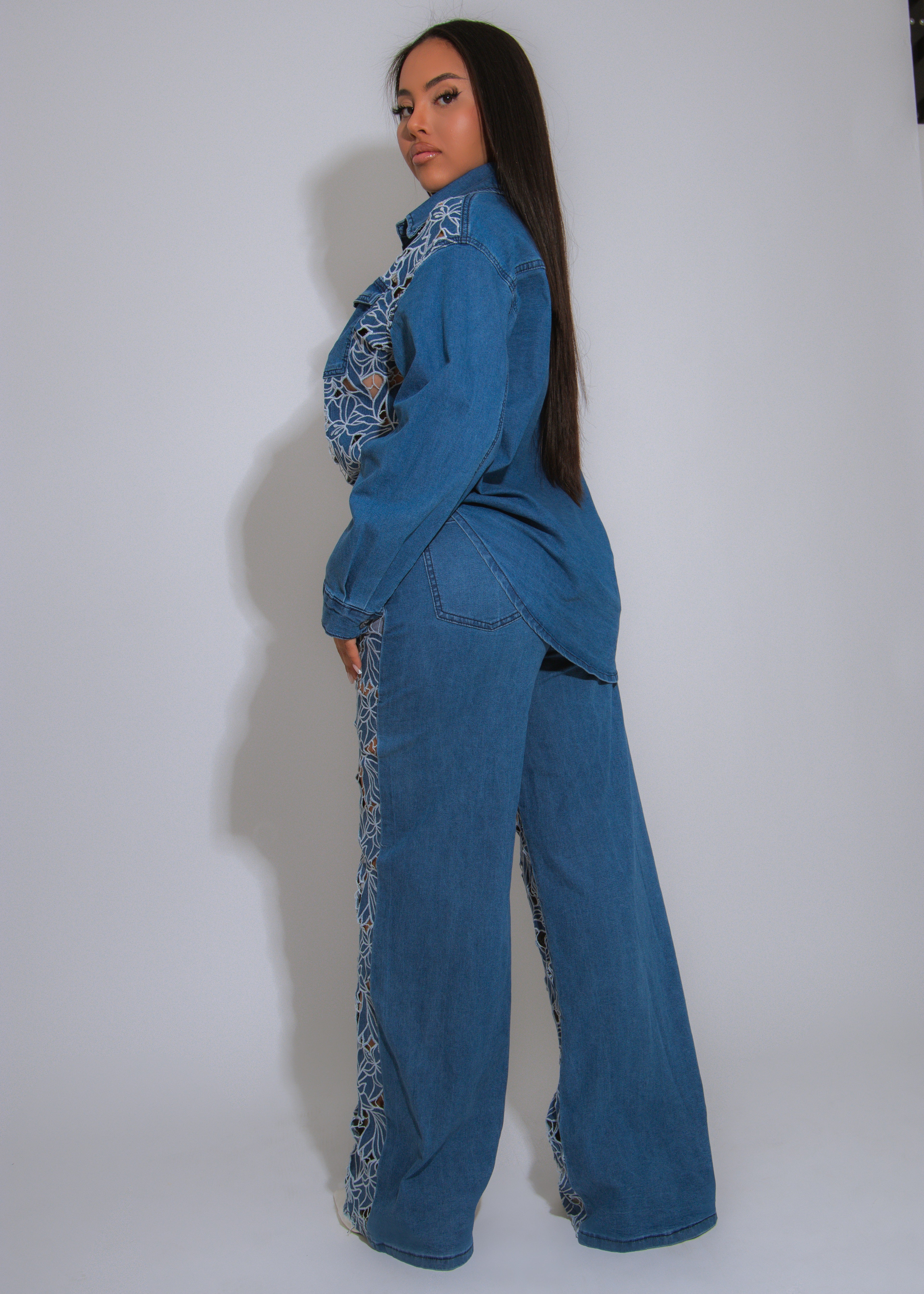 Wild Bloom Lace Floral Pant Set Denim - Image 2